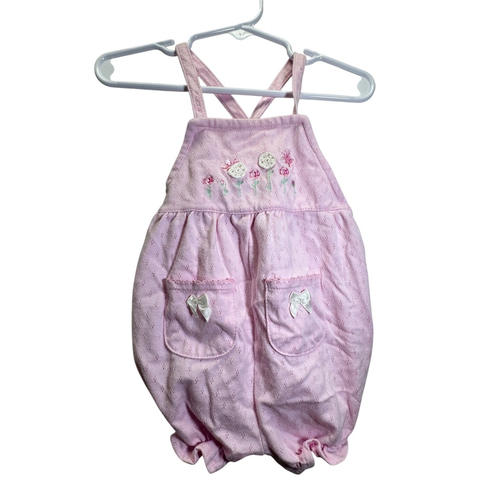 Y2K Baby V Pink Romper Baby 3-6 M VTG Floral Pointelle Cottagecore Ruffle Twee